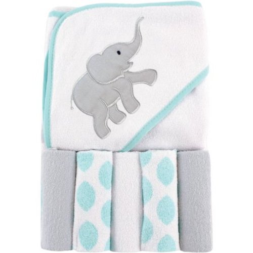 Luvable Friends Baby Hooded Towel with 5 Washcloths, Ikat Elephant