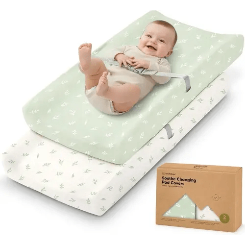 2-Pack Organic Changing Pad Covers for Girl, Boy, Neutral - 100% Cotton Changing Table Pad Cover, Soft Baby Nursery Diaper Changing Pad Sheets, Contour Changing Pads Liners, Change Pad Cover (Herb)