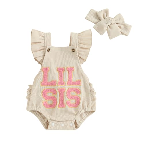 Newborn Infant Baby Girl Romper Bodysuit Ruffle Sleeve Backless Lil Sis Embroidery One Piece Jumpsuit Summer Outfit