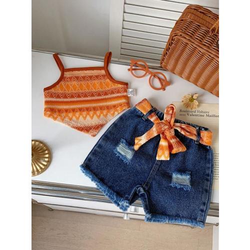 Baby Girl Spring/Summer Fresh Knitted Rainbow Color Strappy Top With Ripped Denim Shorts Vacation Outfit | SHEIN USA