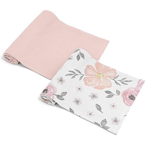 Sweet Jojo Designs 2-Piece Baby Muslin Swaddle Blanket Set (Pink/Grey Watercolor Floral) for Girls, Infant Nursery, Lightweight Cotton Blanket for Newborns (Solid Blush, Shabby Chic, Farmhouse, Rose)