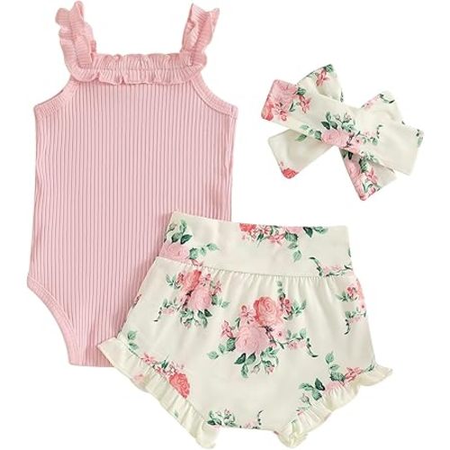 CIYCUIT Newborn Baby Girl Summer Clothes Ruffle Sleeveless Ribbed Top Bloomers Shorts Set