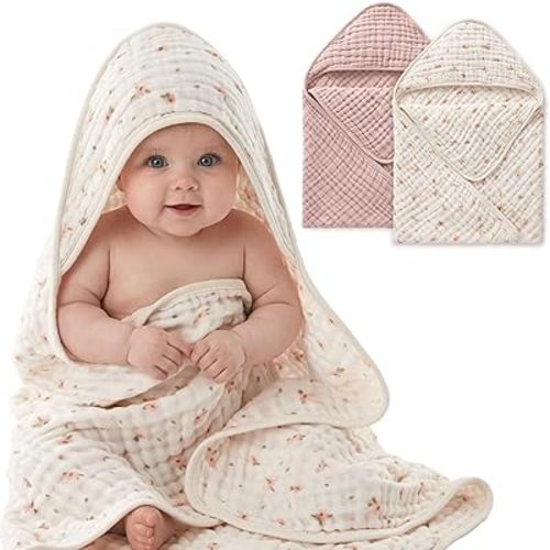 Blissful Diary Muslin Baby Hooded Towel 2 Pack, Soft & Absorbent Bath Towel for Baby Girls, Infant Gift, Newborn Essentials, Pink Floral & Light Pink