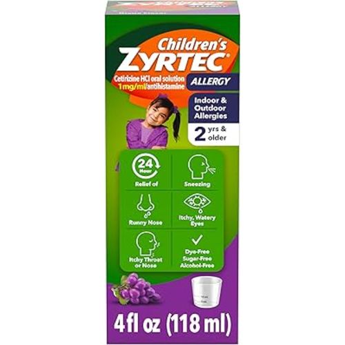 Children's Zyrtec 24 Hour Allergy Relief Syrup, 5 mg Cetirizine Hydrochloride Antihistamine, Kids Allergy Medicine for Indoor & Outdoor Allergy Relief, Dye- & Sugar-Free, Grape, 4 fl. oz