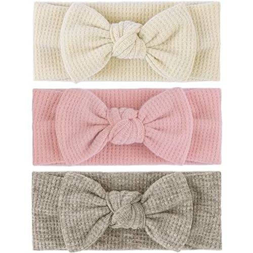 Hairband with Bows - Classic Headband Bow for Baby Girl Toddler Girls Hair Accessories, 3Pcs, Beige, Dark Khaki, Light Pink