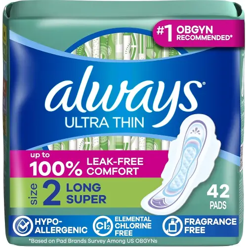 Always Ultra Thin Pads with Wings, Size 2, Long Super, 42 Count