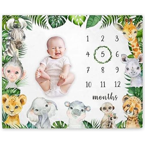Safari Milestone Blanket, Jungle Animals Baby Growth Chart Monthly Blanket