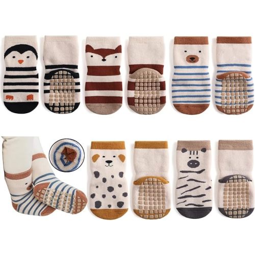 Exegawe Baby Non Slip Socks Winter 5 Pairs Kid Thick Warm Crew Socks with Grips