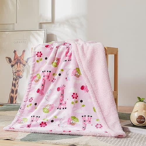 Marina Decoration Reversible Rich Printed Woven Fluffy Plush Soft Warm Flannel Fleece Sherpa Kids Children Blanket, 30 x 40 Inch Brown Green Pink Color Giraffe and Monkey with Pink Base Pattern