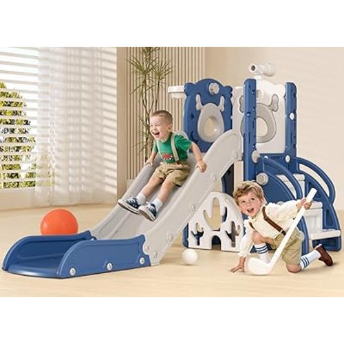 XJD 7 in 1 Toddler Slide, Kids Indoor Slide for Toddlers 12 to 36 Months, New Upgrade with Golf, Basketball Hoop for Indoor Outdoor Playset, Birthday Gifts for Toddler (Blue Gley)