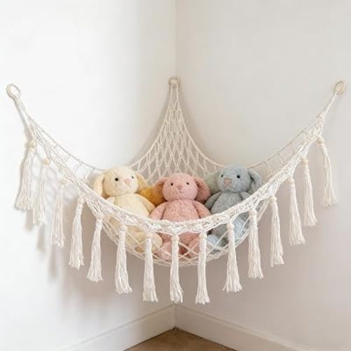 Large Stuffed Animal Hammock, Plush Toy Storage Net for Kids Room, Nursery & Bedroom Organizer with Wooden Rings