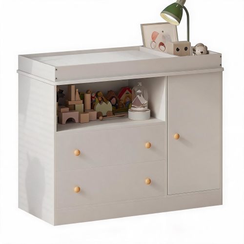 Garvee White MDF Baby Changing Table With Pad Nursery Dresser Station Featuring 2 Drawers And 1 Storage Cabinet For Infant Diaper Changing