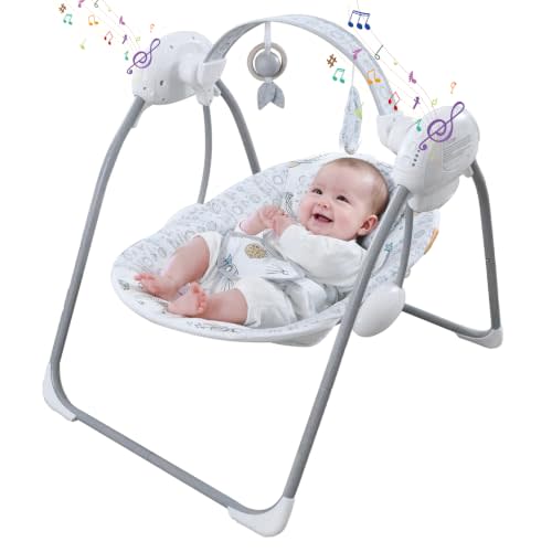 Baby Swing for Infant,Newborn Swing with Music,5 Speed Levels,Timing Setting,Space Adventure Soft Cushion,Foldable Infant Swing with Toy & Mirror for Indoor Outdoor Use 0-9 Months