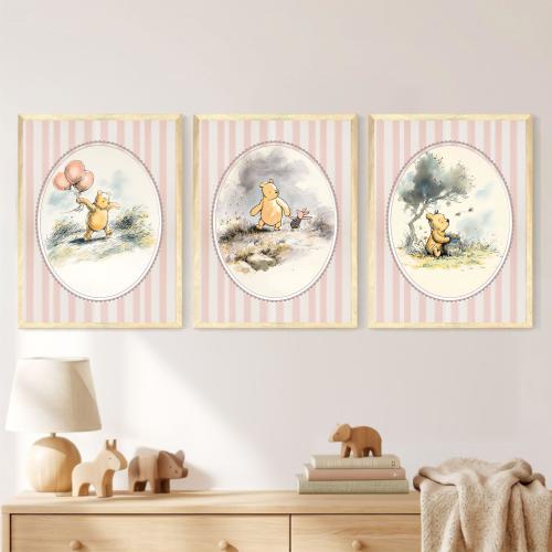 Winnie-the-Pooh Girl Set of 3 Framed Nursery Print Stripe Pink Over Crib Vintage Bear Giclée Artwork Above Changing Table Toddler Bedroom