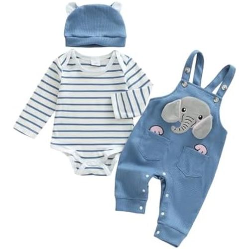 Seyurigaoka Newborn Baby Boy Clothes Long Sleeve Romper Cartoon Suspender Overall Pants Cute Hat 3 Pcs 0-18 Months