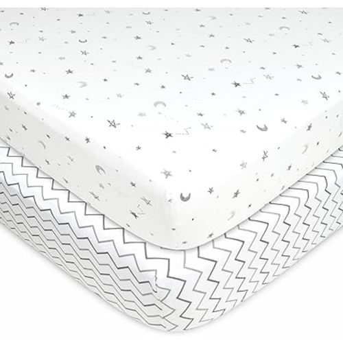 American Baby Company 2 Pack 100% Natural Cotton Fitted Crib Sheets 52" x 28" - Soft, Breathable, Hypoallergenic & Gentle Toddler Bed Sheets, Gray Star/Gray Zigzag, Neutral for Boys & Girls