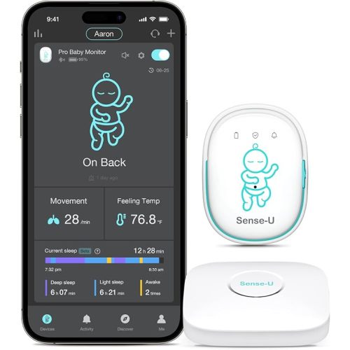 Sense-U Pro Baby Monitor(Long Range) – Tracks Movement, Rollover & Temperature Anywhere for Better Sleep, Simple Clip-On Smart Tracker with Arousal Vibration, Audible Alerts & Sleep Analysis