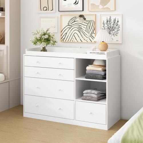 MIDHAM 5-Drawer Dresser with Open Shelves, Modern White Ches - TikTok Shop
