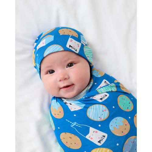 Blue Cookies & Milk Swaddle & Beanie Set | Little Sleepies