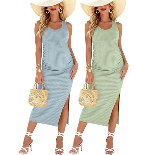 2 Pack Womens Split Long Maternity Dress | Ribbed Knit Sleeveless Tank Dresses, Crew Neck Ruched Pregnancy Clothes, Pregnancy Photoshoot, Baby Showers, Dinner