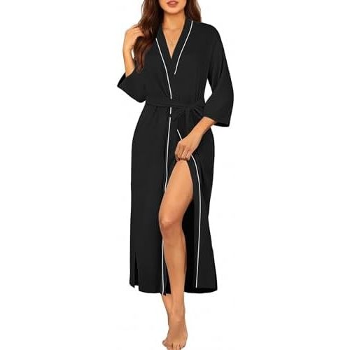 Ekouaer Robes for Women Long Knit Bathrobe Lightweight 3/4 Sleeves Kimono Robe Soft Sleepwear with Pockets S-XXL