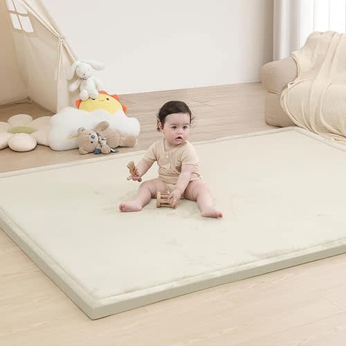 Baby Play Mat for Floor,1.3" Thick Memory foam Tummy Time Mat for Toddlers,Infants,kids,Water-Repellent Soft Nursery Rug,Extra Large Non Slip for Crawling&Yoga,Tatami Style for Living Room(Cream)