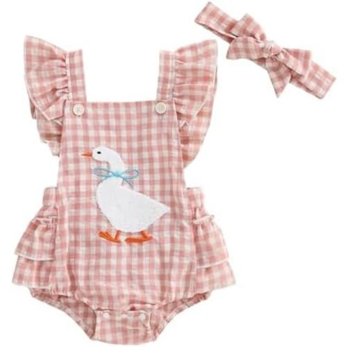 Baby Girl Summer Romper Goose Outfit Newborn Ruffle Overalls Sleevless Plaid Bodysuit Headband Infant Farm Clothes