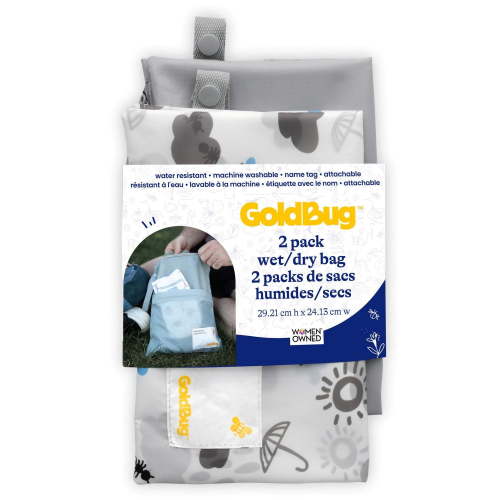 GoldBug 2 Pack Wet Dry Bags, Daycare Essential Water-Resistant Bags for Baby, Unisex Cloud Print, GoldBug 2 Pack Wet Dry Bags