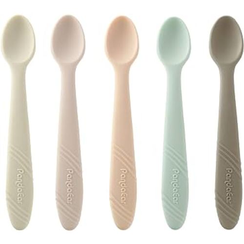 PandaEar 5 Pack Silicone Baby Spoons Self Feeding 4 6 Months, Baby Food Feeding Spoons Utensils, Gentle for Baby Led Weaning, Safe for Teething, Infant Spoons First Stage, BPA-Free, Easy to Clean