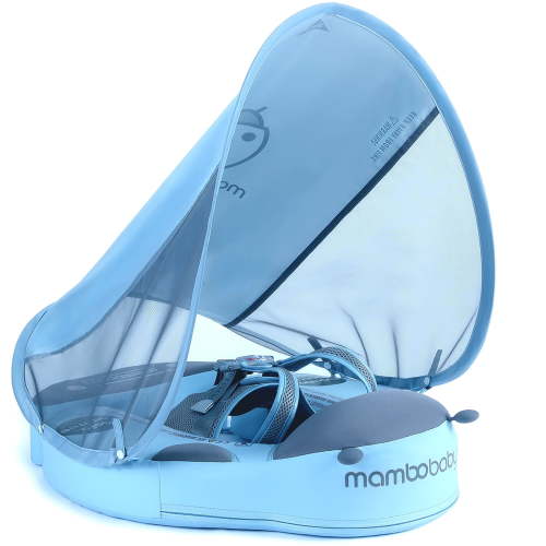 Mambobaby Non-Inflatable Baby Pool Float with Tail and Canopy UPF 50+ Sun Protection No Flip Over Infant Swim Float Skin-Friendly Mambo Float Swim Trainer Solid Baby Swimming Ring Foldable Style