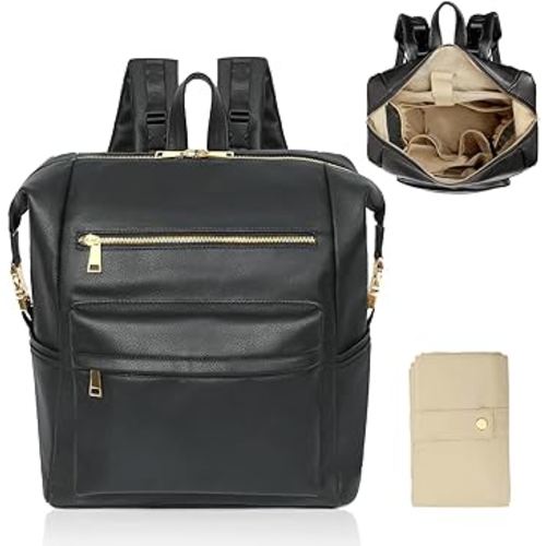 Diaper Bag Backpack Leather Backpack with 17 Pockets Travel Baby Diaper Bag,4 Insulated Pockets,Stroller Straps,Changing Pad,Black