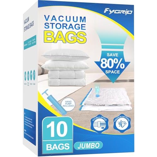 Fygrip 80% Space Saver Vacuum Storage Bags with Hand Pump, 10 Jumbo | Plastic Packaging Bags, Vacuum Seal Bags for Clothing, Travel Lugggage, Blankets, Comforters