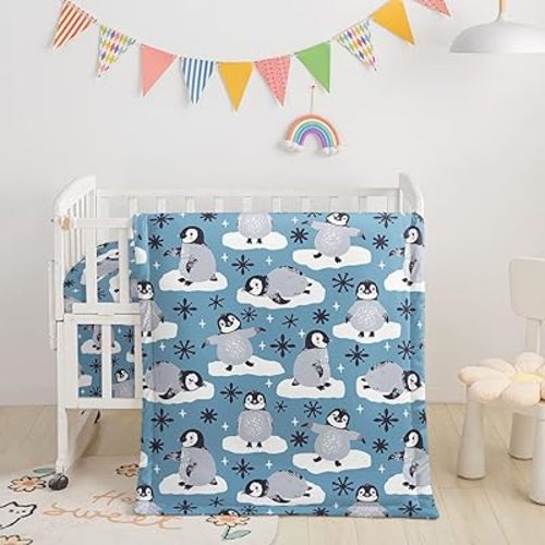 Crib Bedding Set,3pcs Nursery Cartoon Penguin Snowflakes Printed Crib Bedding Set,with Comforter Sheet & Skirt for Baby Boys and Girls(Penguin)