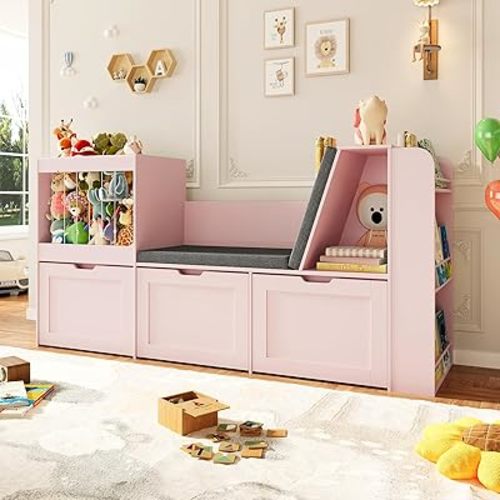 66.9" Kids Reading Nook, Toy Storage Organizer with Stuffed Animal Storage, Bench and Removable Cushions, Wooden Toddler Bookshelf with 3 Movable Drawers for Nursery, Playroom (Pink)