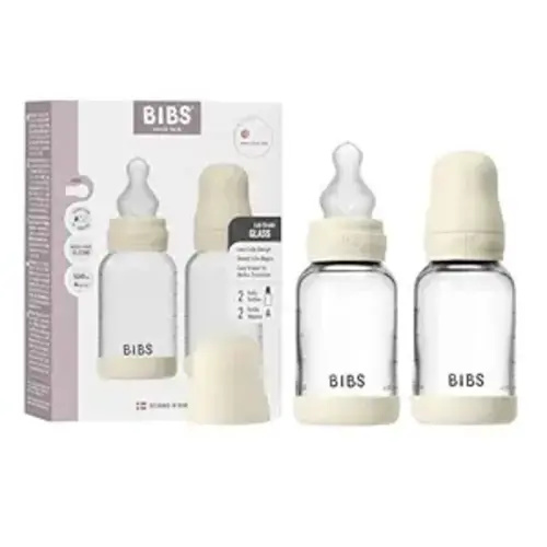 BIBS Glass Baby Bottles 2-Pack, 4 Oz. Anti-Colic System for Gas Reduction. Vented Round Silicone Nipple. Supports Infant and Newborn Breastfeeding - 120 ml (Pack of 2), Ivory