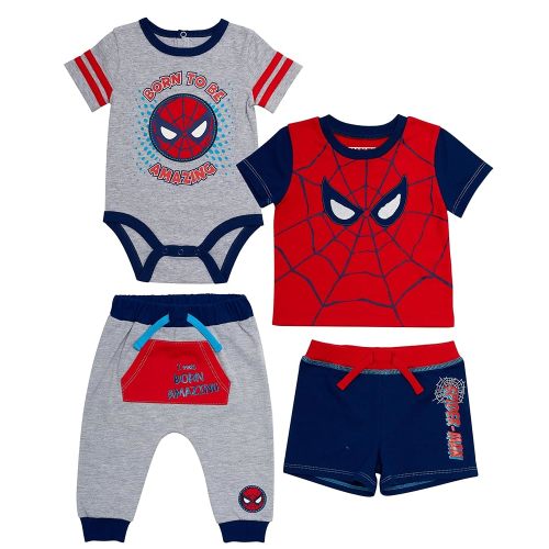 Spiderman Baby Boys 4 Piece Clothing Set - Onesie, Shorts, T-Shirt, and Jogging Pants - Superhero Style for Your Little Hero!