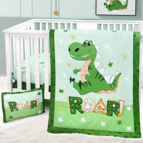 4-Piece Dinosaur Crib Bedding Set | Soft Toddler Bedding | Comforter, Fitted Sheet, Pillowcase & Skirt (Green)