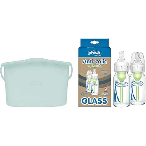 Dr. Brown's Reusable Silicone Sterilizer Bag, Narrow Glass Baby Bottles with Anti-Colic Vent System, Level 1 Slow Flow Nipples, 120mL 2 Pack