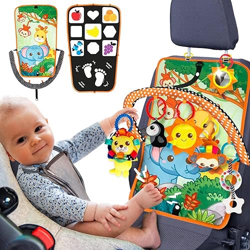 Innofans Baby Car Seat Animals Toys - Kick and Play Double Sided Infant Car Seat Toys with Plush Toys, Mirror, Teether for Baby, Babys Travel Activities, Christmas Birthday Gifts Newborn Infant Toys