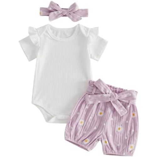 Kaipiclos Newborn Infant Girl Clothes Rib Knit Romper Daisy Print Shorts Headband Baby Summer Clothes 0 3 6 12 18 24 Months