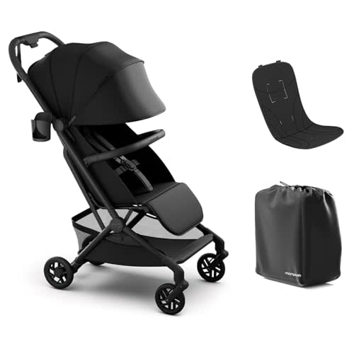 Mompush Velo Compact Travel Stroller One-Hand Fold, Carry-on Approved | near-flat recline, magnetic harness, leather bumper bar, UPF 50+ Canopy, Soft Cushion Included for newborns to toddlers