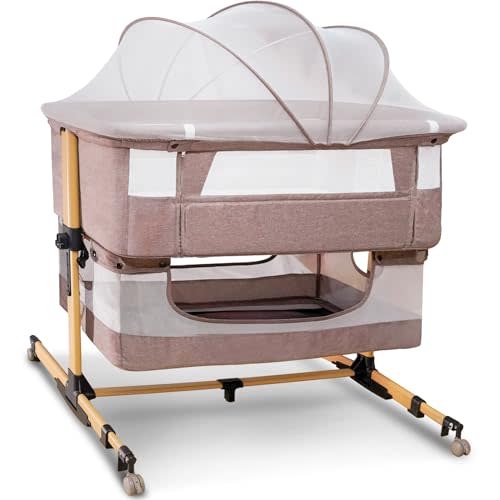 cutebeams Baby Bassinet, 3 in 1 Bedside Sleeper with Mattress and Mesh Sides, Mosquito Net, Storage Basket, with Rocking Function, 5-Height Adjustable, Easy Assemble Crib for Newborn, Khaki