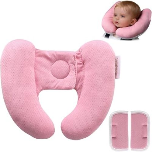 Baby Neck Pillow for Car Seat and Stroller, Adjustable Baby Head Support Pillow for Travel, Soft and Cushiony Torticollis Pillows for Infant and Newborn (Pink)