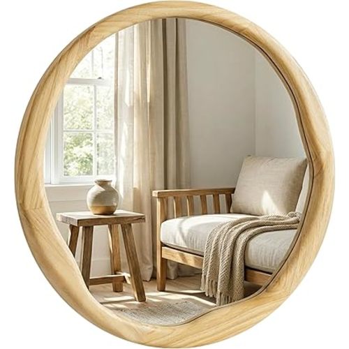Natural Wood Round Wall Mirror 30 Inch, Large Solid Wood Framed Mirror with Wavy Inner Edge for Bathroom Vanity, Living Room & Organic Boho Decor