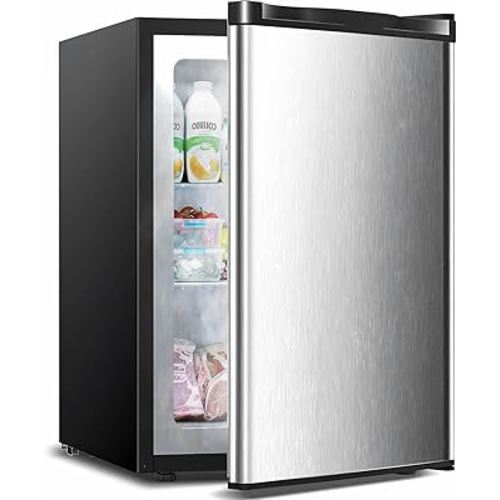 3.2 Cu.ft Small Upright Freezer, Mini Freezer with Adjustable Thermostat, Removable Shelves, Reversible Single Door, for Bedroom/Home/Dorms/Apartment, Silver