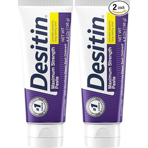 Desitin Maximum Strength Baby Diaper Rash Cream, 40% Zinc Oxide for Treatment, Relief & Prevention, Hypoallergenic, Phthalate- & Paraben-Free Paste, Protects Skin for 12 Hours, 4.8 oz (Pack of 2)