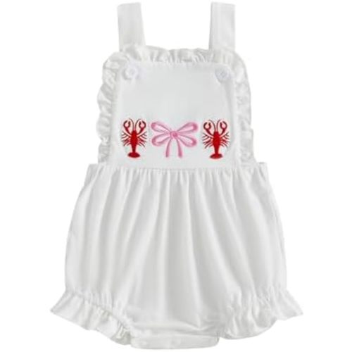 Gueuusu Smocked Baby Girl Clothes Crawfish Bow Embroidery Ruffle Sunsuit Shrimp Sleeveless Romper Bodysuit Cute Summer Outfit