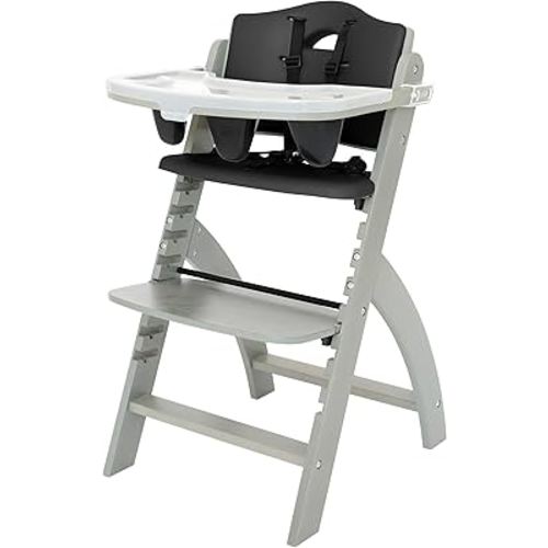 Abiie Beyond Junior Wooden High Chair with Tray - Adjustable and Convertible High Chair for Babies and Toddlers - 6 Months to 250 Lb - Water Resistant - Misty Grey Wood/Black Pearl Cushion