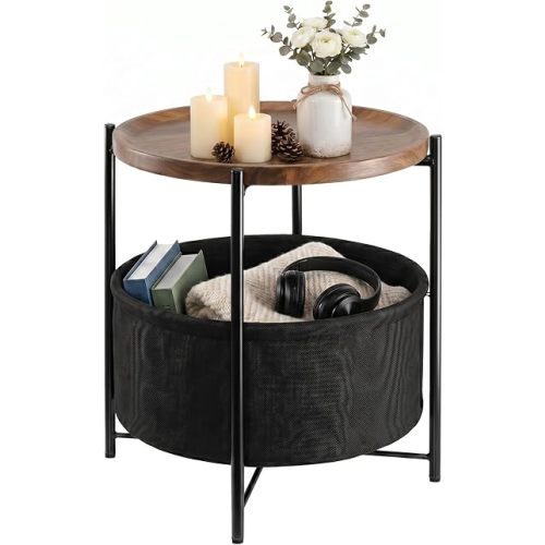 danpinera Round Side Table, Folding Round Metal End Table Small Nightstand with Basket for Bedroom Living Room Bedside Small Spaces Walnut