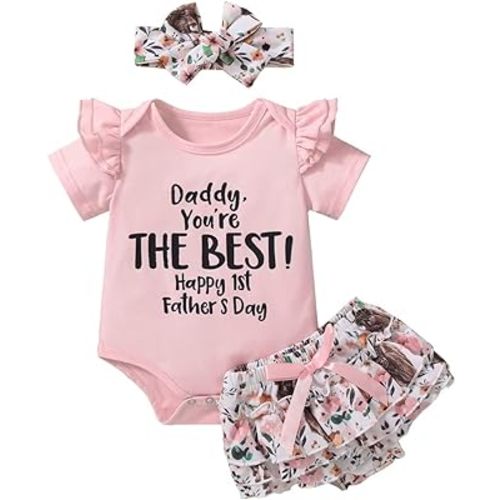 Canis Happy 1st Father's Day Baby Girl Outfit Ruffle Short Sleeve Romper Cow Layered Shorts Set with Headband